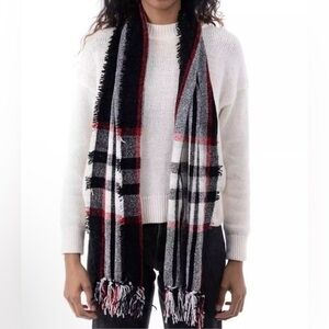 Style&Co. Chenille Scarf Red Black Holiday Tartan Plaid Fringe